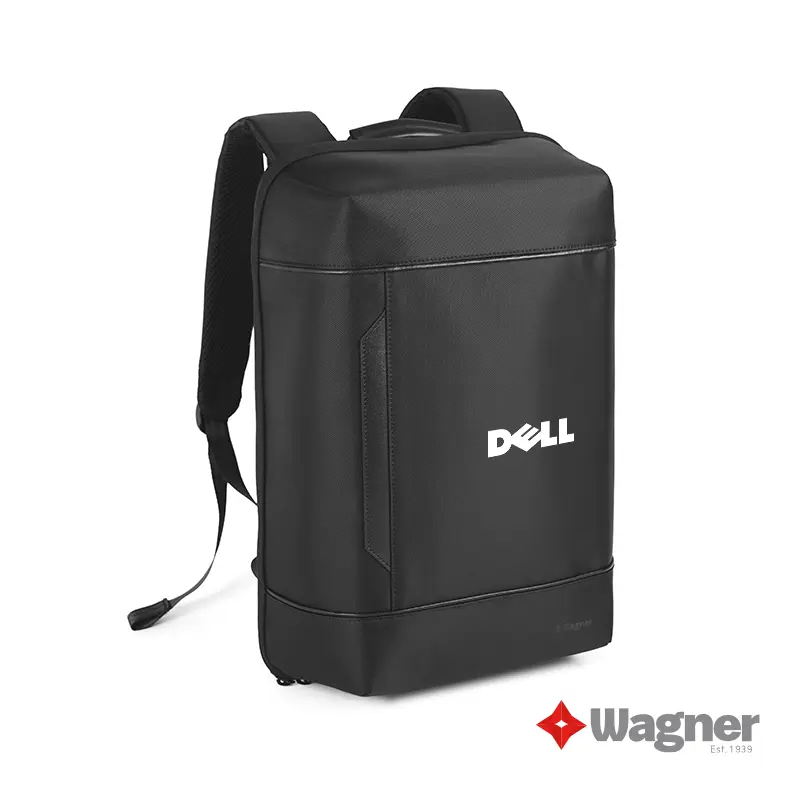 Mochila corporativa negra modelo Weimar con diseño minimalista, personalizada con logo en el frente