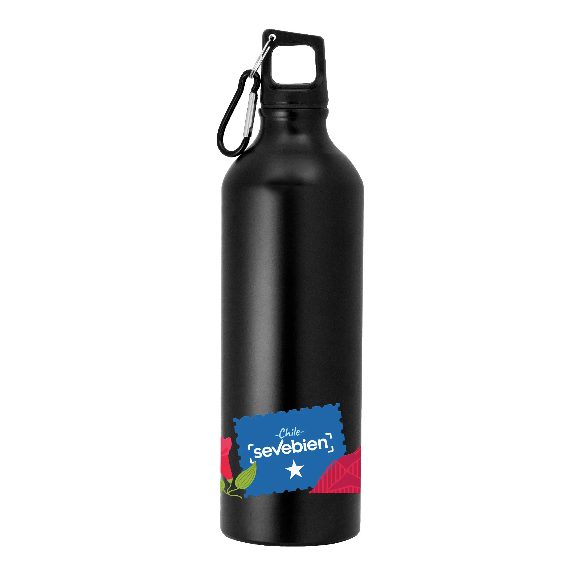 Botella preta — de acero inoxidable — personalizada con impresión de marca corporativa