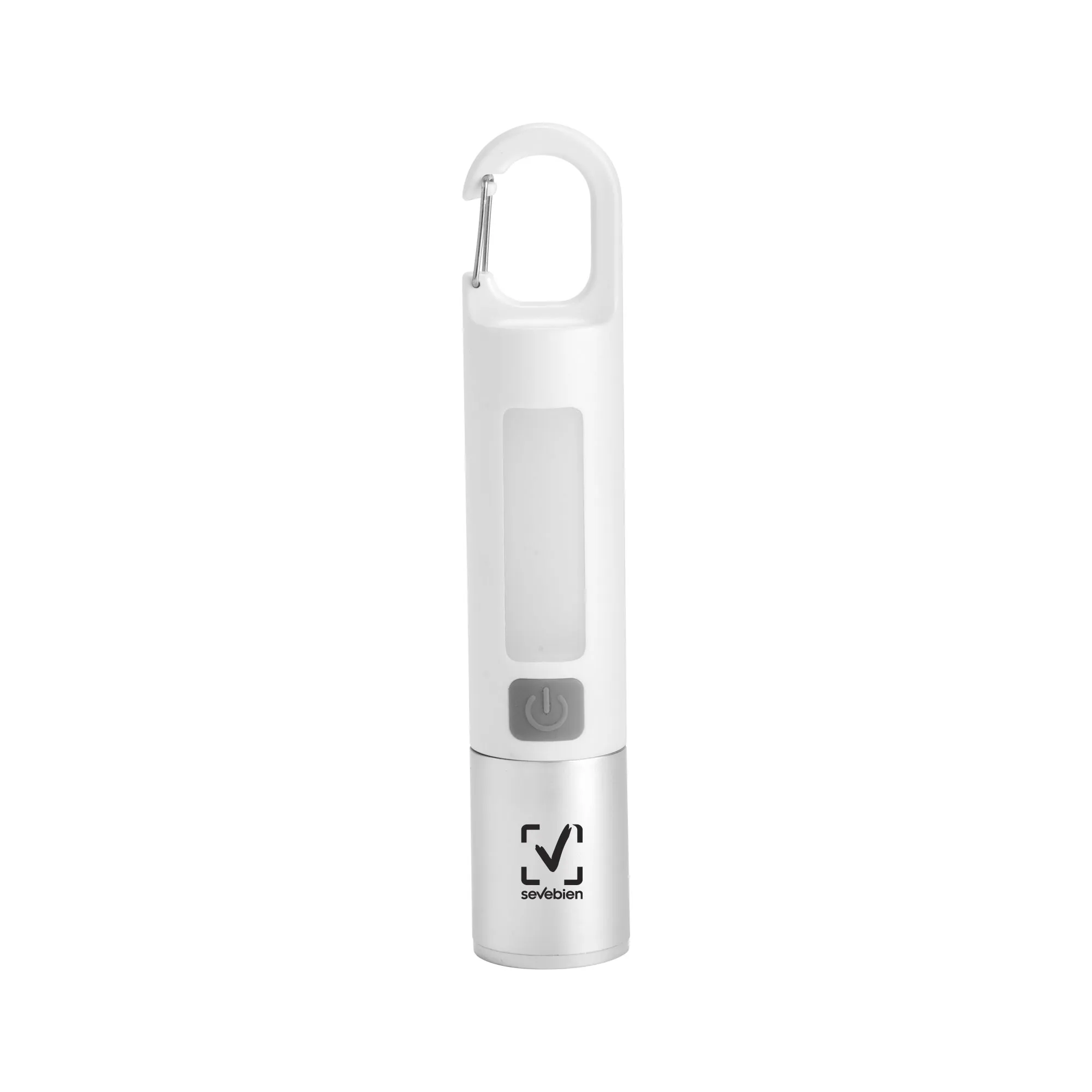 Linterna de mano en ABS con mosquetón y cuerpo cilíndrico, mostrando el diseño compacto y el extremo con los LEDs de alta potencia