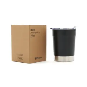 Mug de acero inoxidable con tapa transparente con cierre y gift box de cartulina Kraft