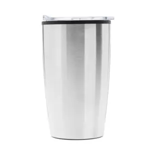 Mug de acero inoxidable con tapa crystal clear y base antideslizante, visto de frente