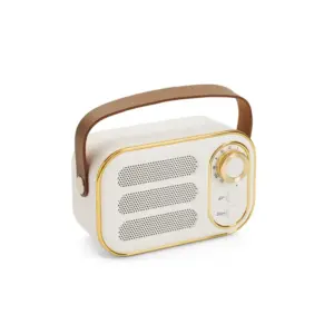 Parlante de diseño retro en plástico ABS con correa superior de cuero PU, perilla frontal y botones de control visibles
