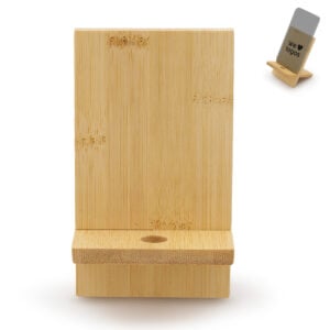 Soporte de escritorio para teléfono fabricado en bambú natural, con orificio en la base para paso de cable