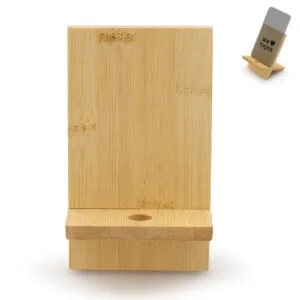 Soporte de escritorio para teléfono fabricado en bambú natural, con orificio en la base para paso de cable