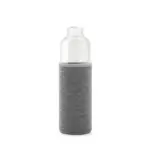 Botella de vidrio borosilicato con funda de neopreno y tapa a rosca con cinta integrada
