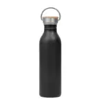 Botella deportiva de acero inoxidable con tapa de bambú de rosca y gancho de agarre lateral