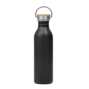 Botella deportiva de acero inoxidable con tapa de bambú de rosca y gancho de agarre lateral