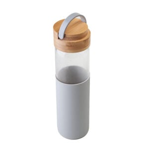 Botella reutilizable de vidrio con funda de silicona y tapa con agarre para transporte