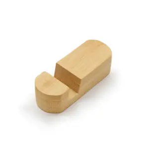 Soporte de escritorio para celular fabricado en bambú de color natural, con base angosta y perfil vertical compacto