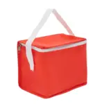 Cooler mini en friselina non woven con tiras de sujeción y compartimiento superior, visto en tres cuartos