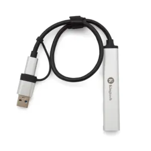 Hub USB-C delgado y plegable con tres puertos USB-A y un puerto USB-C visibles