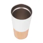 Mug de acero inoxidable con tapa de cristal transparente y detalles en bamboo, visto de frente