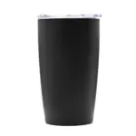 Mug de acero inoxidable con tapa de cristal transparente y base antideslizante, vista lateral