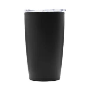 Mug de acero inoxidable con tapa de cristal transparente y base antideslizante, vista lateral