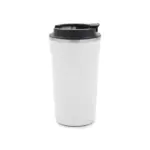 Mug de acero inoxidable con tapa de polipropileno y exterior esmaltado, acompañado de su gift box en cartulina Kraft