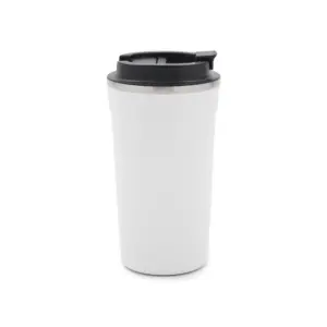 Mug de acero inoxidable con tapa de polipropileno y exterior esmaltado, acompañado de su gift box en cartulina Kraft