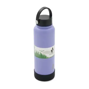 Botella de gran formato con doble pared de acero inoxidable, dos tapas a rosca intercambiables y base de silicona antideslizante