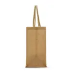 Tote bag de yute reciclado laminado con asas de tela, vista frontal mostrando la textura fibrosa natural del material y el fuelle lateral