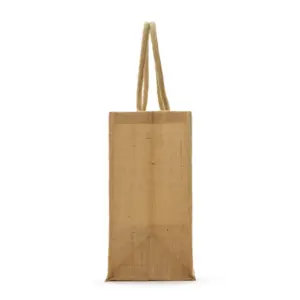 Tote bag de yute reciclado laminado con asas de tela, vista frontal mostrando la textura fibrosa natural del material y el fuelle lateral