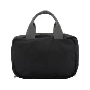 Neceser de tela Ripstop y Polyester con gancho colgante desplegado, mostrando compartimentos para artículos de baño
