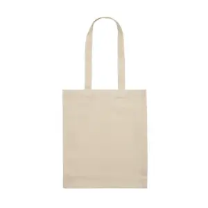 Tote bag de algodón reciclado con fuelle y asas, tejido en color natural, vista frontal