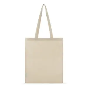 Tote bag de algodón reciclado con asas largas de tela, vista frontal sobre fondo liso