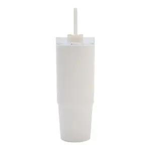 Mug de polipropileno con asa y sorbete integrado, cuerpo cilíndrico alto y tapa con abertura para sorbete