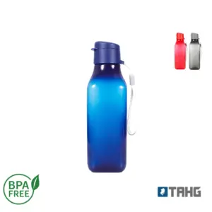 Botella de polipropileno con tapa de apertura y boquilla para beber, formato cilíndrico alto y estrecho