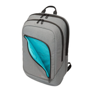 Mochila de poliéster con dos compartimientos con cierre, respaldo acolchado y correas acolchadas, vista frontal