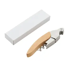 Destapador sommelier con mango de madera natural y cuerpo de acero inoxidable, mostrando sacacorchos y cuchilla retráctil