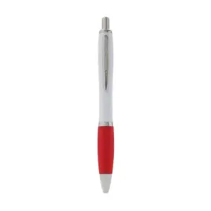 Bolígrafo de cuerpo curvo plástico con grip de goma de color, clip metálico y botón metálico en la parte superior