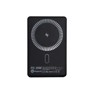 Power bank ultradelgado con cuerpo en aluminio y panel en ABS, puertos Tipo-C visibles en el canto