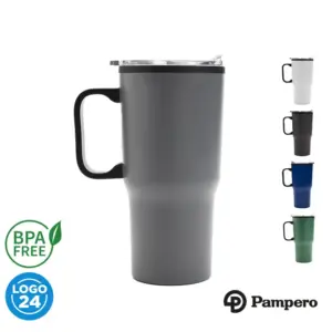 Mug con mango en acero inoxidable con tapa transparente con cierre y base antideslizante