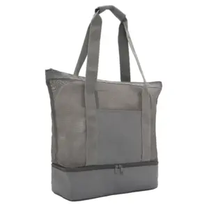 Bolsa tote térmica de dos compartimientos confeccionada en poliéster reciclado con asas largas reforzadas y compartimiento superior de malla