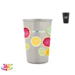 Mug de acero inoxidable sin asa con un logo de muestra y un estampado de cítricos a todo color