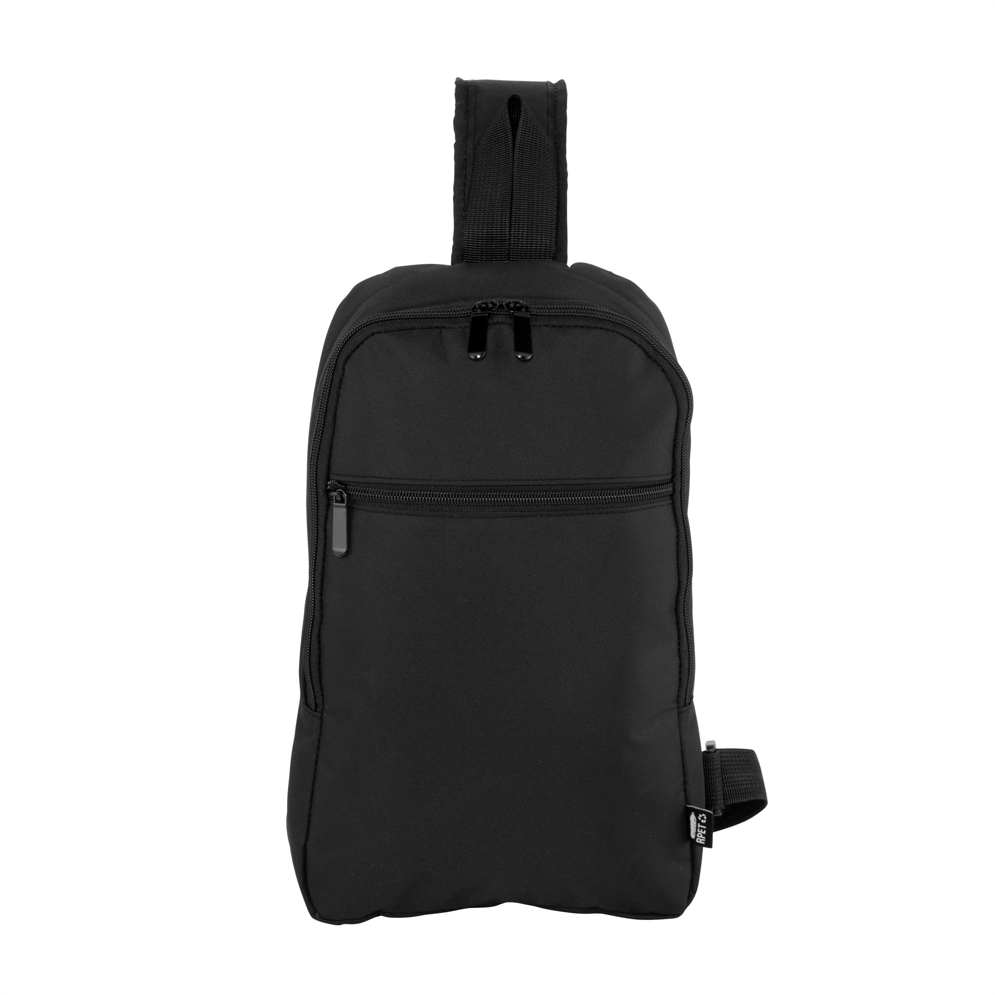 Bandolera negra de frente sin logo, con asa superior, cierre bidireccional y bolsillo frontal con cierre horizontal