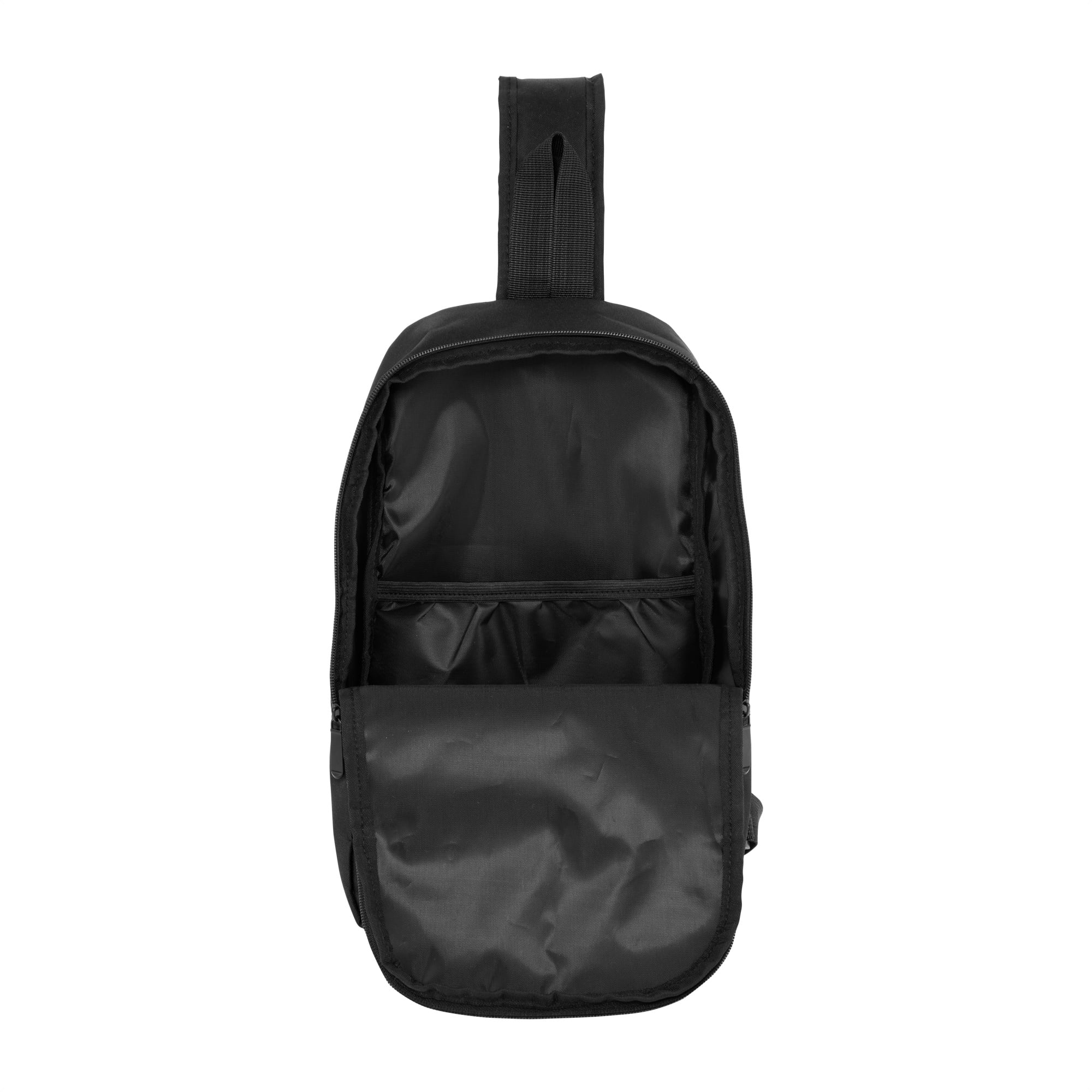 Bandolera negra abierta de frente, con forro interior negro y bolsillo posterior con elástico vacío