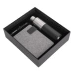 Set ejecutivo CHARM BOX — bolígrafo de aluminio, libreta A5 y botella térmica negra — set completo