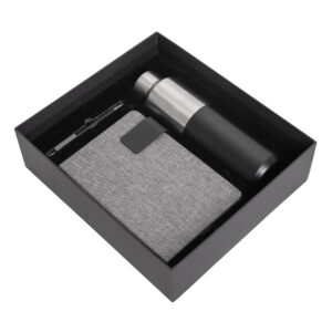 Set ejecutivo CHARM BOX — bolígrafo de aluminio, libreta A5 y botella térmica negra — set completo
