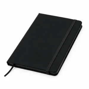 Cuaderno con tapa de PU y lomo cosido, cerrado, mostrando la cubierta lisa apta para marcaje