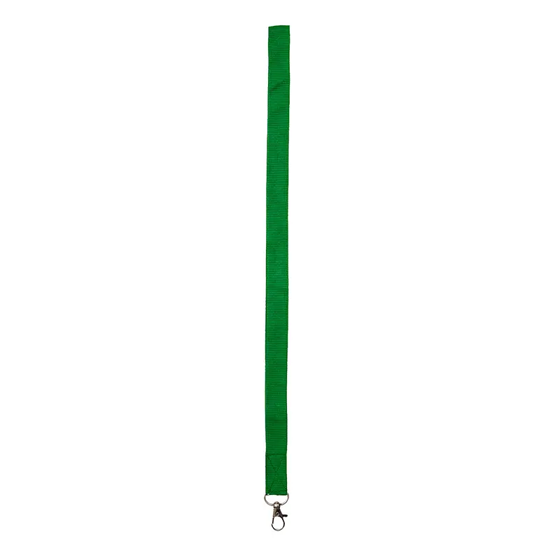 Cinta verde del lanyard extendida en vertical con el mosquetón metálico abajo