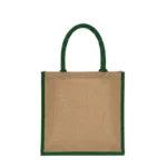 Tote bag de yute laminado reciclado con paneles laterales de color y asas de tela