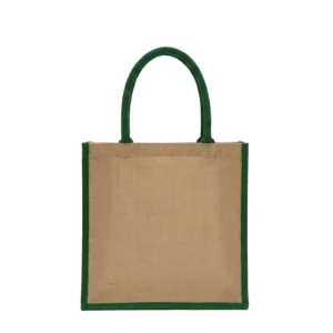 Tote bag de yute laminado reciclado con paneles laterales de color y asas de tela