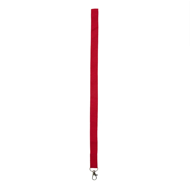 Cinta roja del lanyard extendida en vertical con el mosquetón metálico abajo