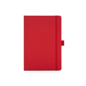 Cuaderno de tapa rígida de PVC con hojas rayadas, visto desde arriba mostrando la tapa y el canto