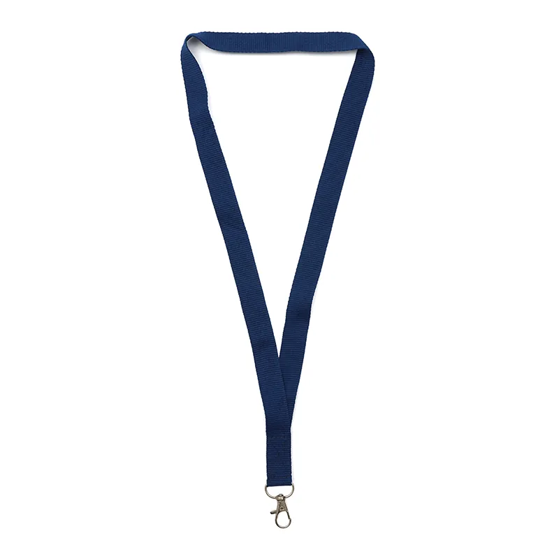 Lanyard azul marino completo colgado en V con mosquetón metálico en el extremo