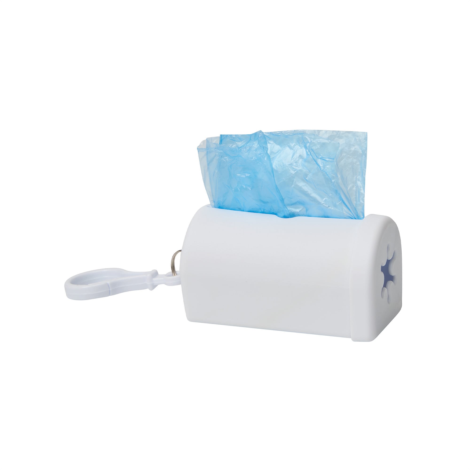 Dispensador de bolsas blanco acostado con bolsas celestes asomando por la ranura y gancho plástico, sin logo