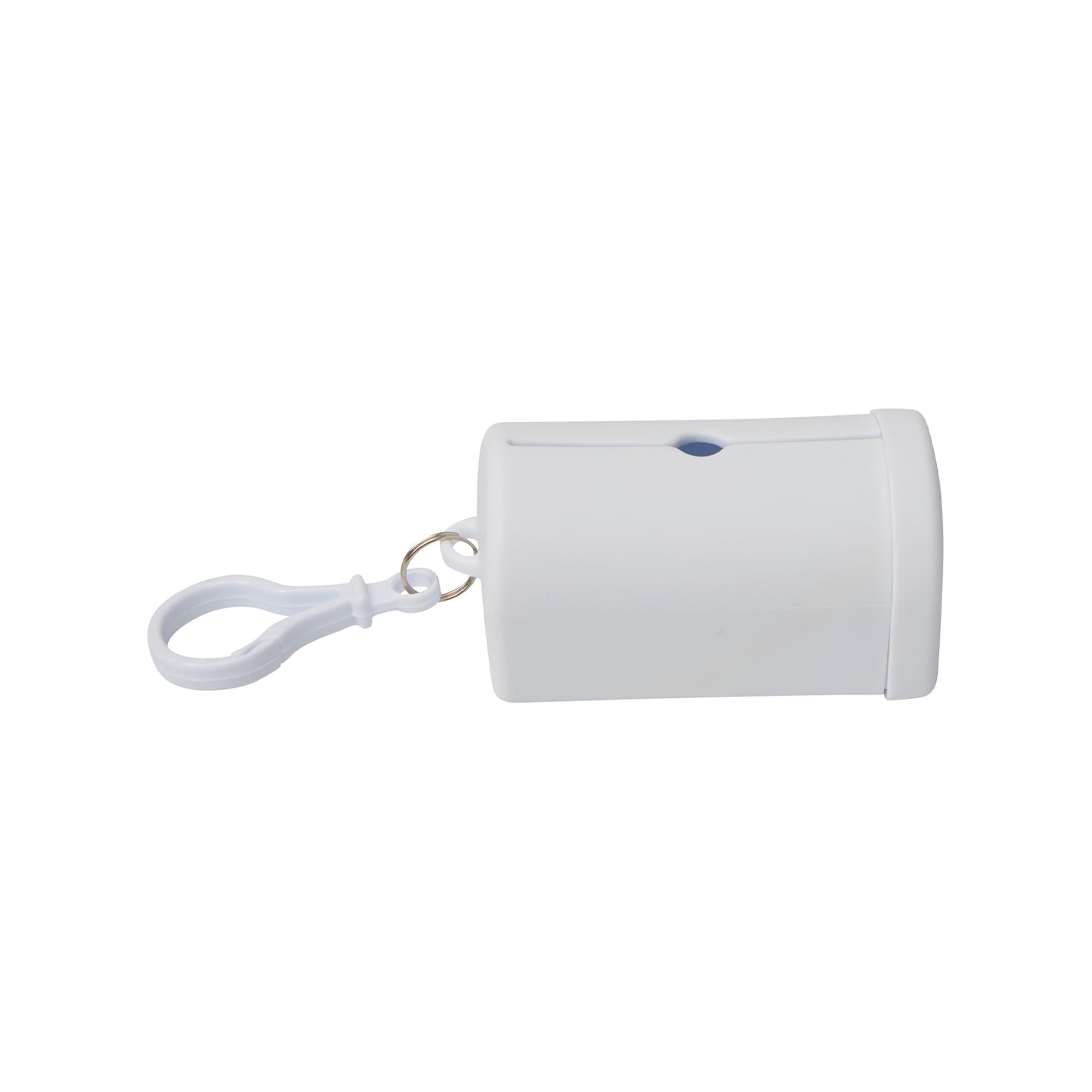 Dispensador de bolsas blanco cerrado visto de costado, con ranura y gancho plástico, sin logo