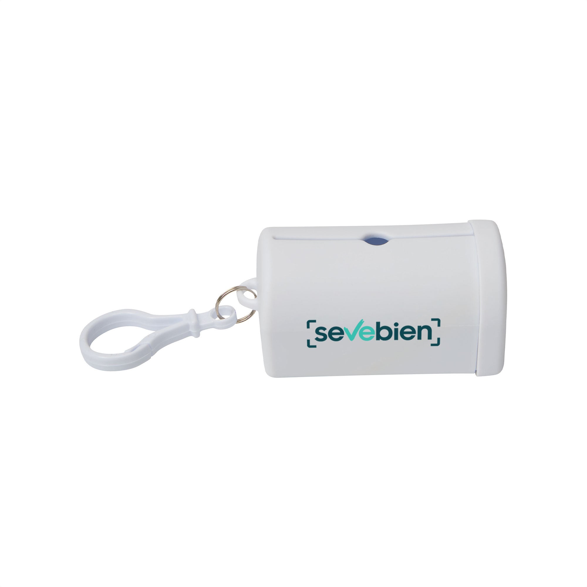 Dispensador de bolsas blanco cerrado visto de costado, con ranura, gancho plástico y un logo de muestra