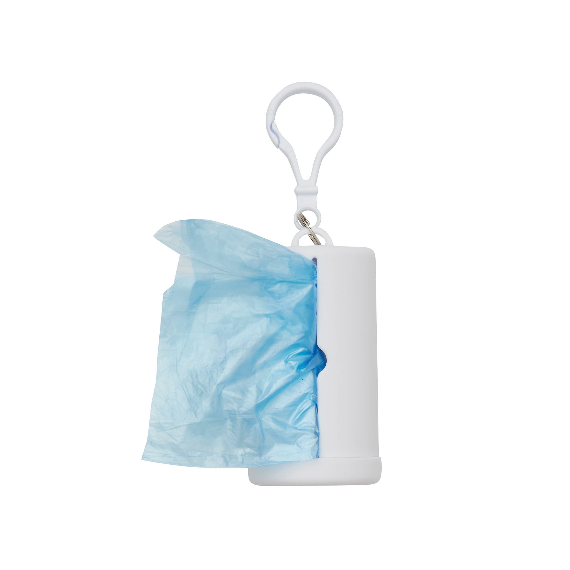 Dispensador blanco colgado del gancho con una bolsa celeste extendida saliendo por la ranura